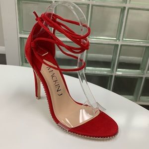 Red studded tie up heel